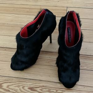 Black fur mesh heels